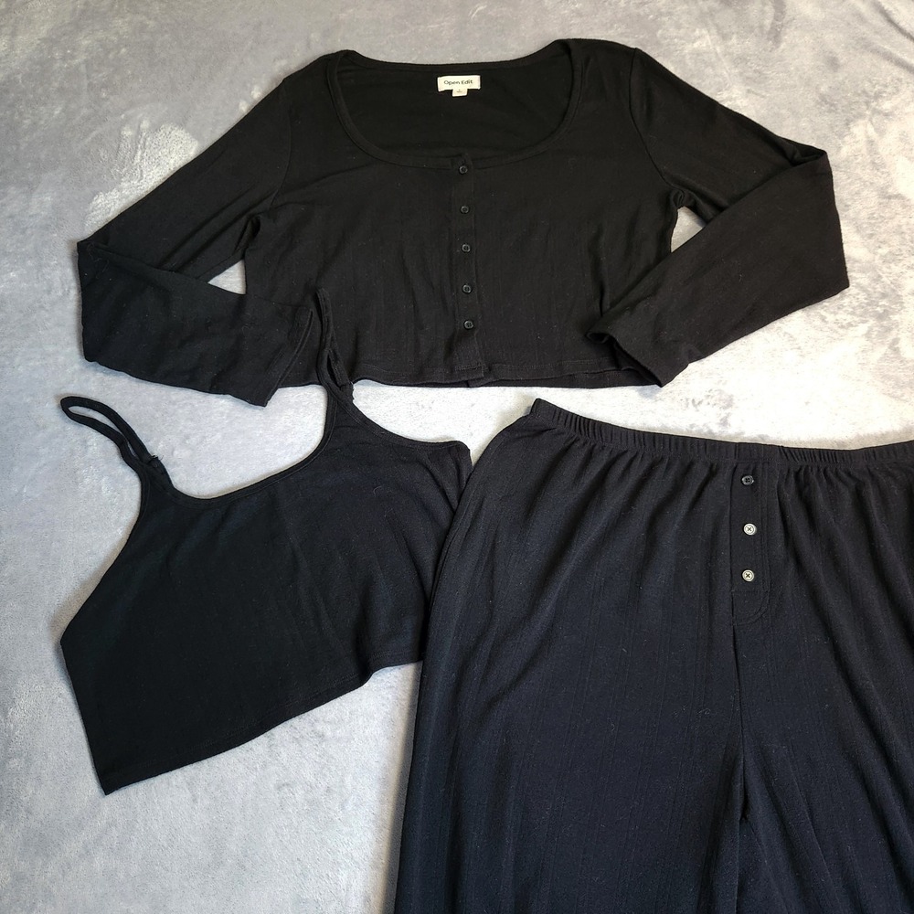 Open Edit 3 Pc Ribbed Loungewear Set Black Large L Cardigan Tank Pointelle Pants